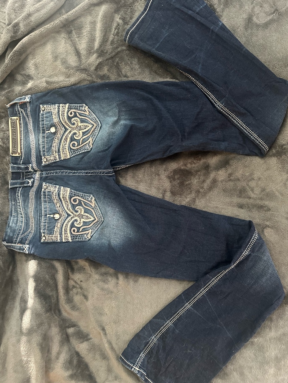 Rock Revival Dark Blue Embroidered Back Pocket Bootcut Jeans